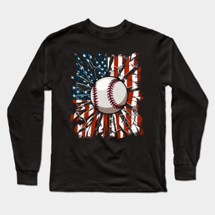 Patriotic Baseball 4th Of July Baseball Ball American Flag Long Sleeve T-Shirt